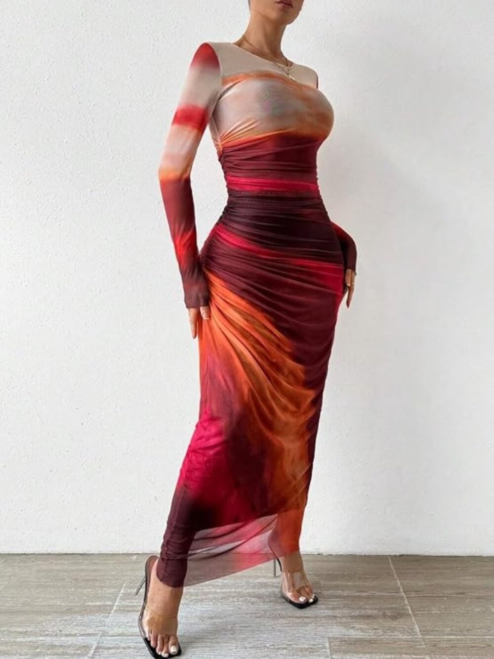 Women's Tie Dye Long Sleeve Maxi Dress Mesh Bodycon Ruched Dress - Size: Small - Picture 7 of 14